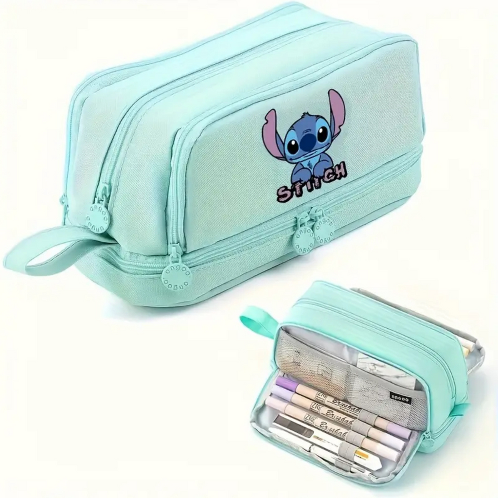Mint green pencil case with a character design on a white background