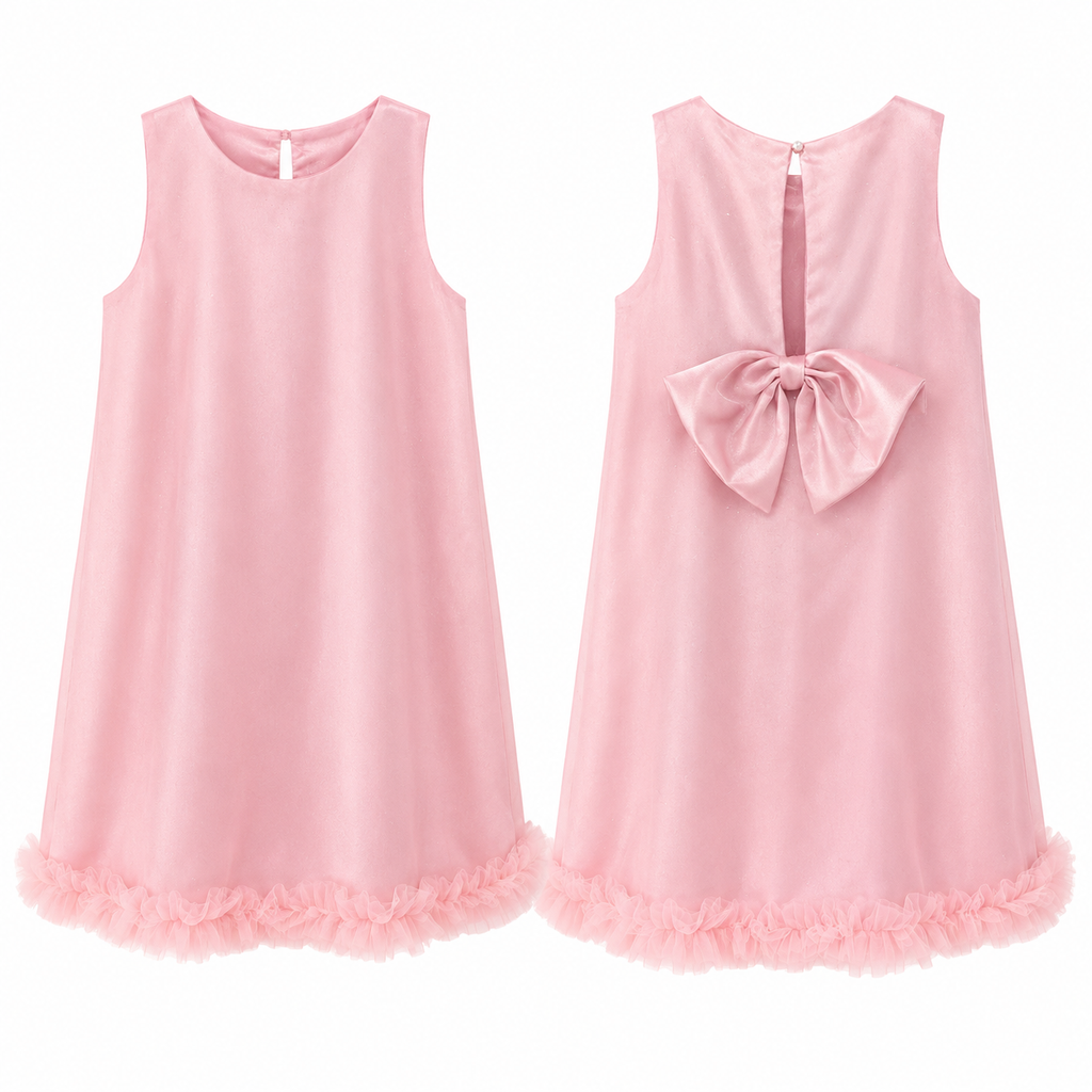 Pink sleeveless dress with a bow and ruffled hem on a white background
