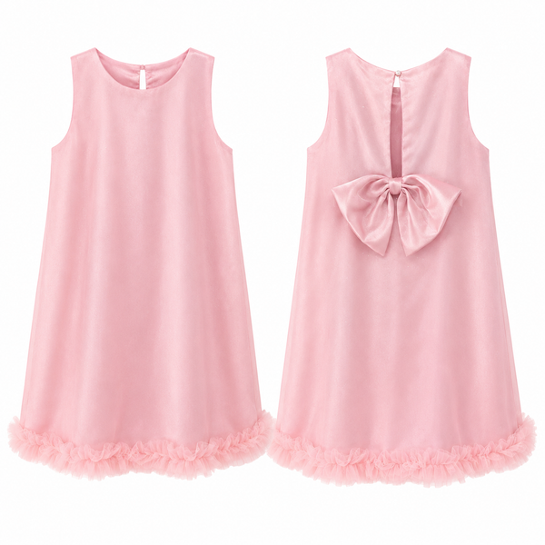 Pink sleeveless dress with a bow and ruffled hem on a white background