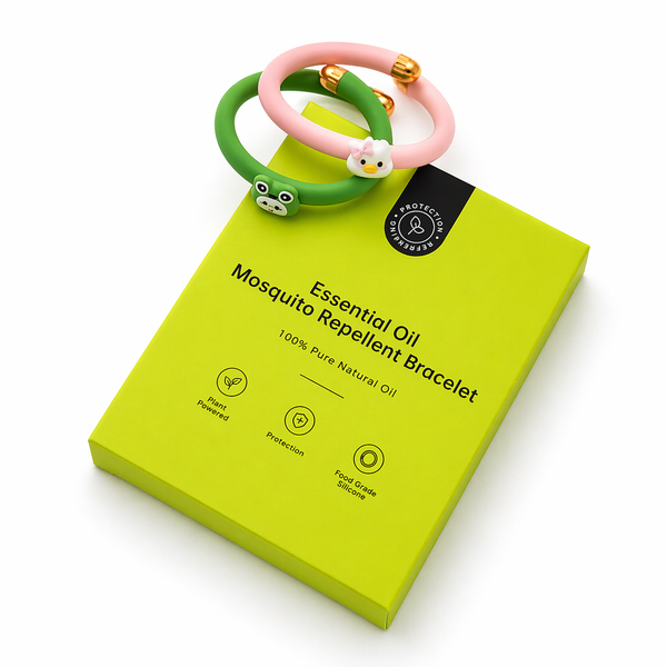 Mosquito repellent bracelet on a green box with product details.
