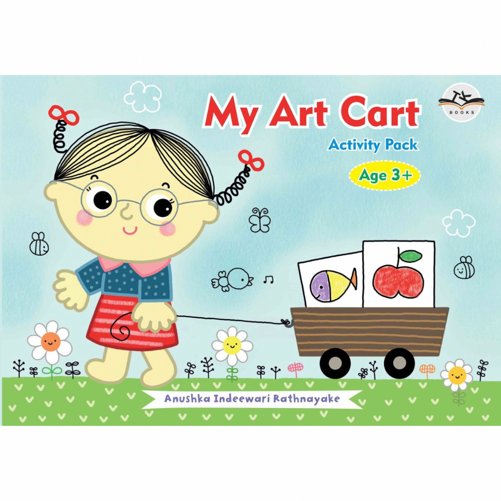 Cover of 'My Art Cart Activity Pack' featuring a cartoon illustration of a young girl with glasses and a wooden cart full of art supplies.