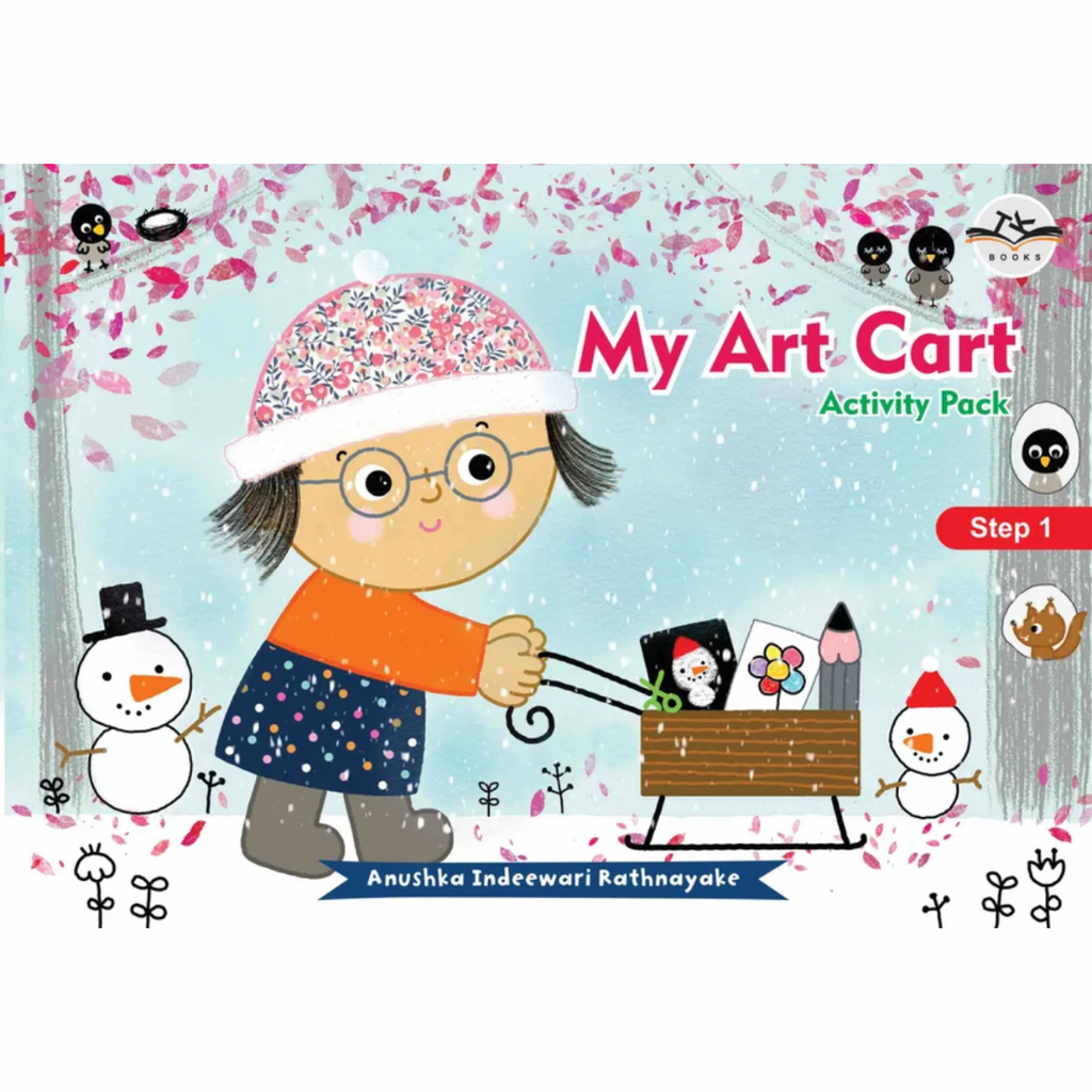 Cover of 'My Art Cart Step 1' activity pack featuring a cartoon illustration of a character with glasses, surrounded by snowflakes and floral elements, recommendation at the bottom.