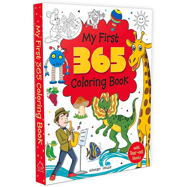 A cover image of 'My First 365 Coloring Book: Jumbo Coloring Book For Kids (With Tear Out Sheets)' featuring colorful illustrations including a giraffe, a dragon, and a unicorn, along with text and a drawing of a child holding a coloring book.
