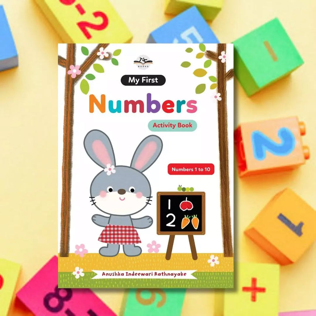 Children's activity book titled 'My First Numbers' with a cartoon rabbit on the cover, surrounded by colorful number blocks.