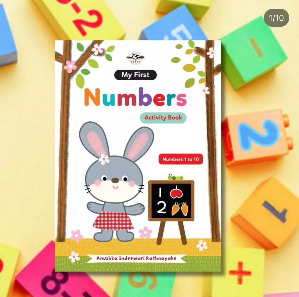 A paperback book titled 'My First Numbers' with an illustration of a rabbit wearing a dress and a numbered board in the background, surrounded by colorful plastic blocks.