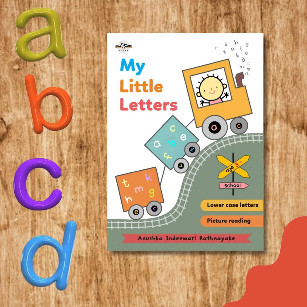 Children's book titled 'My Little Letters' on a wooden surface with colorful letters.