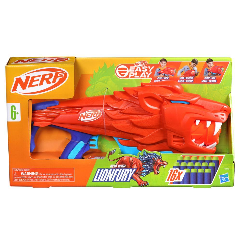 Nerf Lionfury toy blaster packaging with red dragon design on a white background