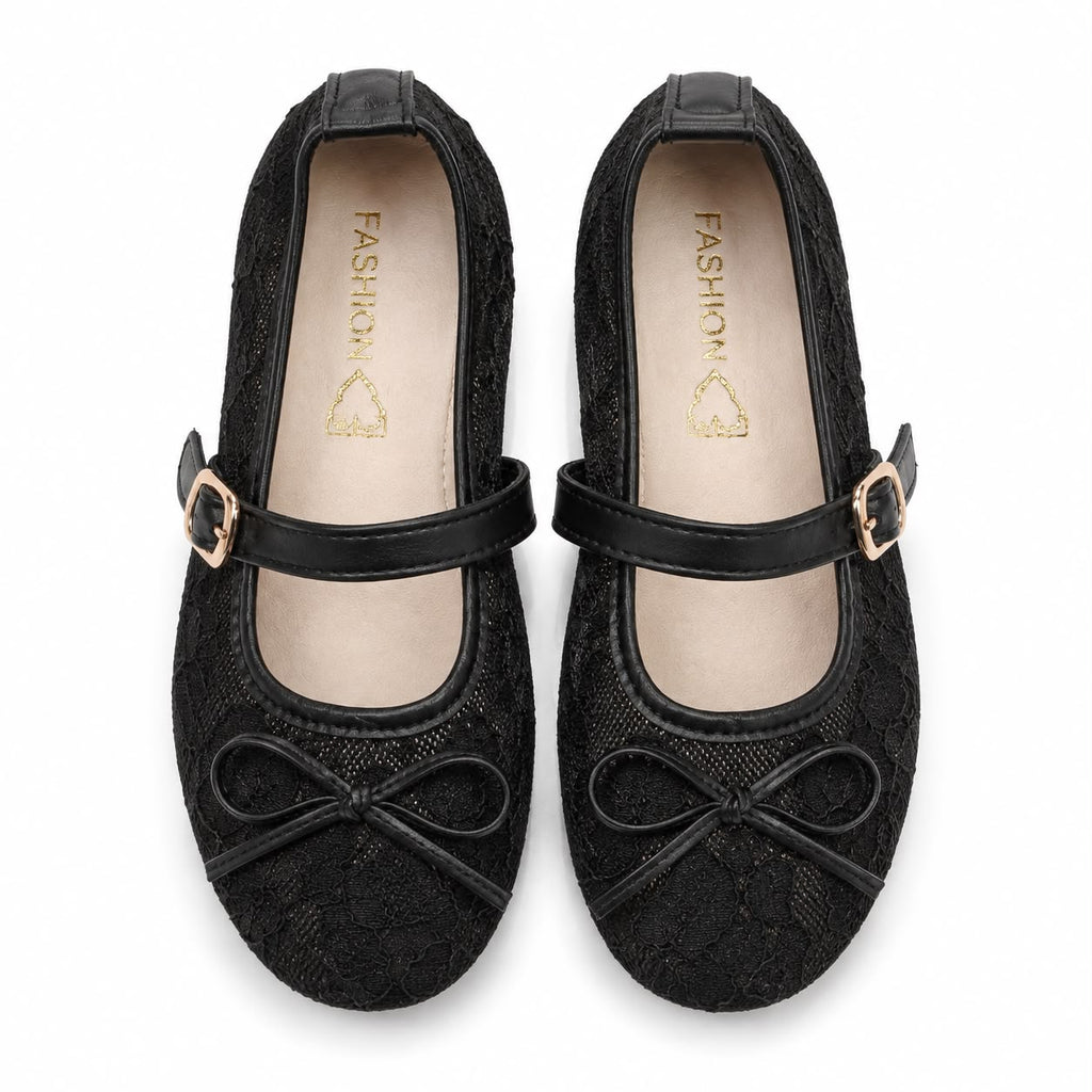 A pair of black lace Mary Jane flats with black straps and gold-tone buckle details, shown from a top-down view on a white background.