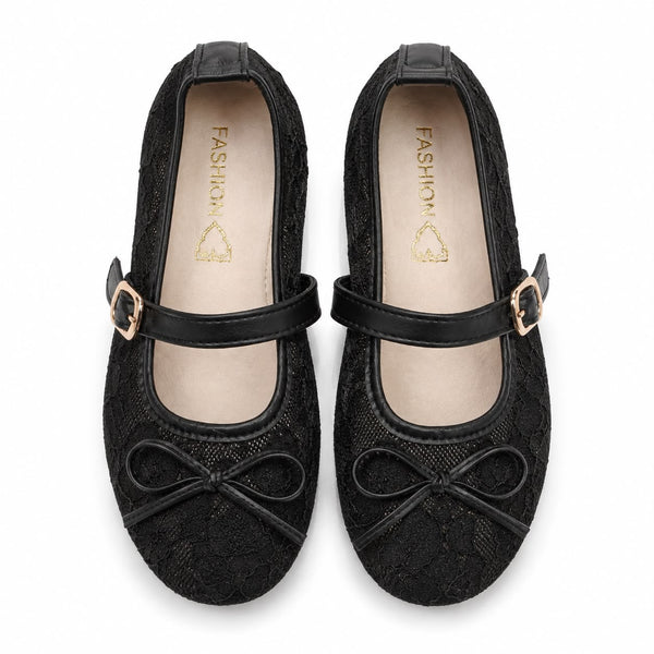 A pair of black lace Mary Jane flats with black straps and gold-tone buckle details, shown from a top-down view on a white background.