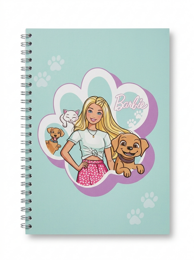 Notebook with Barbie design on a light blue background