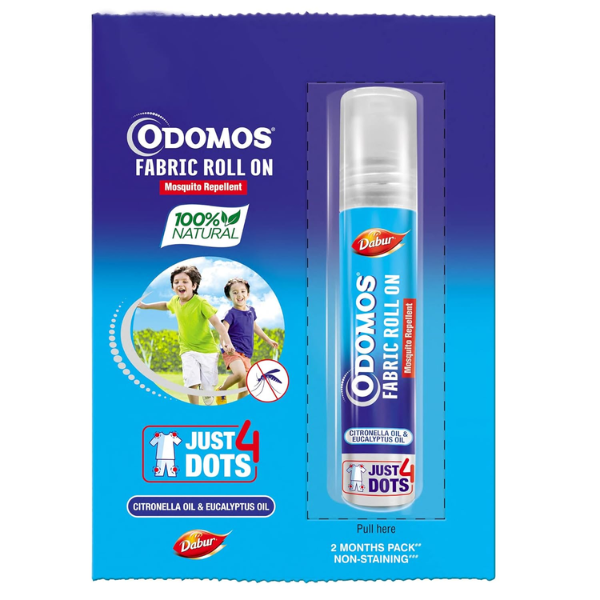 Odomos fabric roll on mosquito repellent packaging with blue background