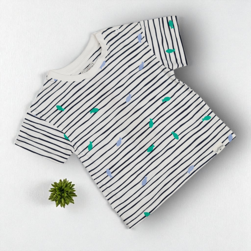 Striped shirt with small colorful patterns on a white background
