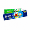 A boxed Odomos Non-Sticky Mosquito Repellent Cream set on a white background. The package shows a blue front box with a green cream tube behind it, plus a yellow 'FREE' callout indicating an included Odomos Naturals Cream tube.