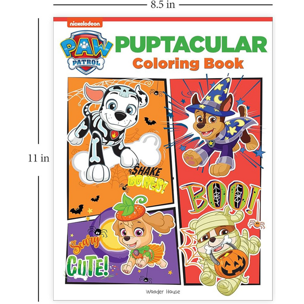 Cover of a 'Paw Patrol' themed coloring book for kids, featuring characters Chase, Marshall, and Skye in Halloween costumes with colorful graphics.