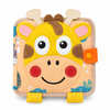 A baby activity book featuring a giraffe face design, made of soft felt fabric with yellow, brown, pink, and orange colors, shown on a clean white background.