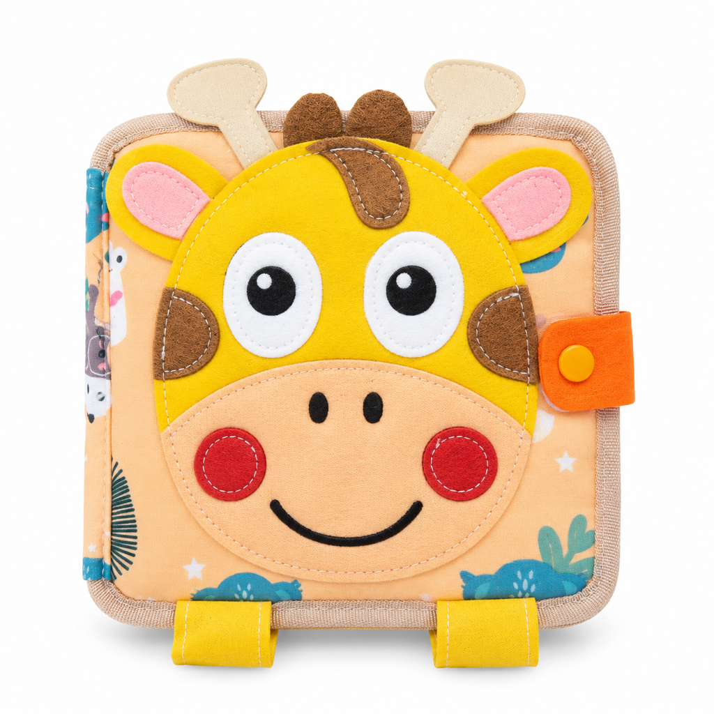 A baby activity book featuring a giraffe face design, made of soft felt fabric with yellow, brown, pink, and orange colors, shown on a clean white background.