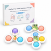 Three white plastic sensory fidget toys with colorful round buttons and cute character cutouts, shown in front of their product box on a clean white background.