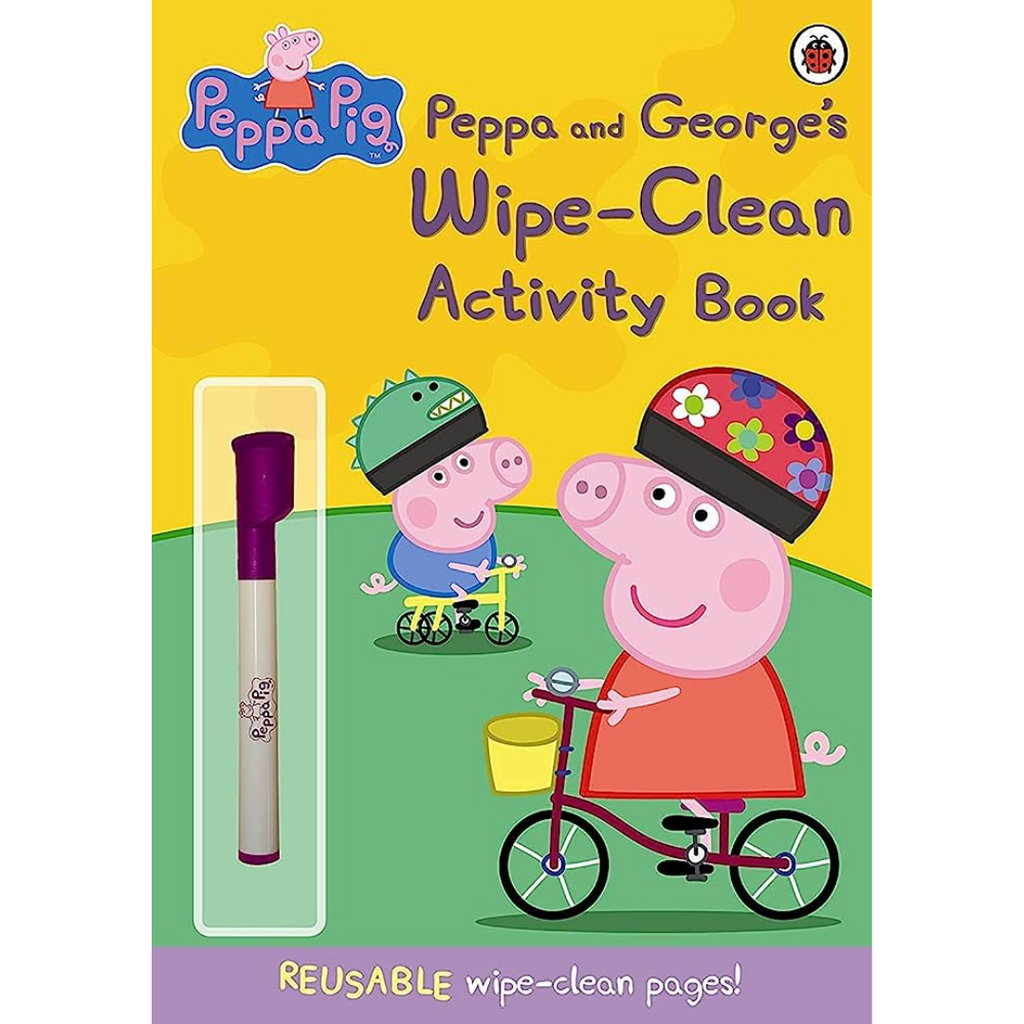 Cover of 'Peppa and George's Wipe-Clean Activity Book' featuring cartoon characters Peppa and George with a bicycle and a basket, indicating the book's theme and age appropriateness for children.