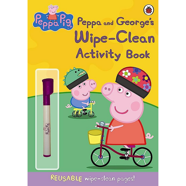 Cover of 'Peppa and George's Wipe-Clean Activity Book' featuring cartoon characters Peppa and George with a bicycle and a basket, indicating the book's theme and age appropriateness for children.