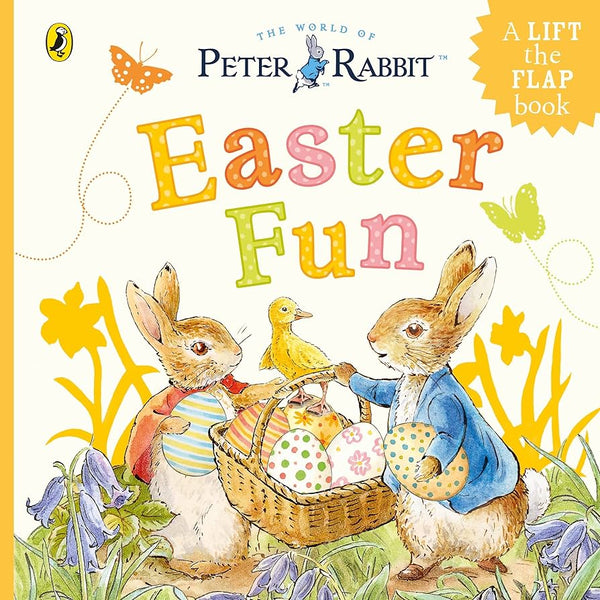 Cover of 'Peter Rabbit: Easter Fun' board book showing illustrations of Peter Rabbit and other rabbit characters with a lift-the-flap element visible.