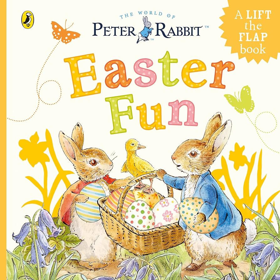 Cover of 'Peter Rabbit: Easter Fun' board book showing illustrations of Peter Rabbit and other rabbit characters with a lift-the-flap element visible.
