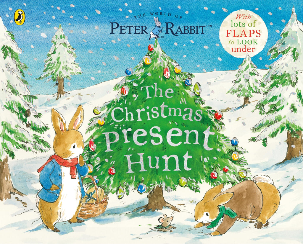 Cover of 'The Christmas Present Hunt' by Peter Rabbit, featuring an illustration of a rabbit with a Christmas tree and presents in the background, with flaps to lift.