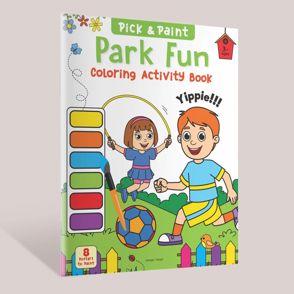 A coloring activity book for kids titled 'Pick and Paint', featuring cartoon illustrations of children playing outdoor games and a soccer ball on a grassy field.
