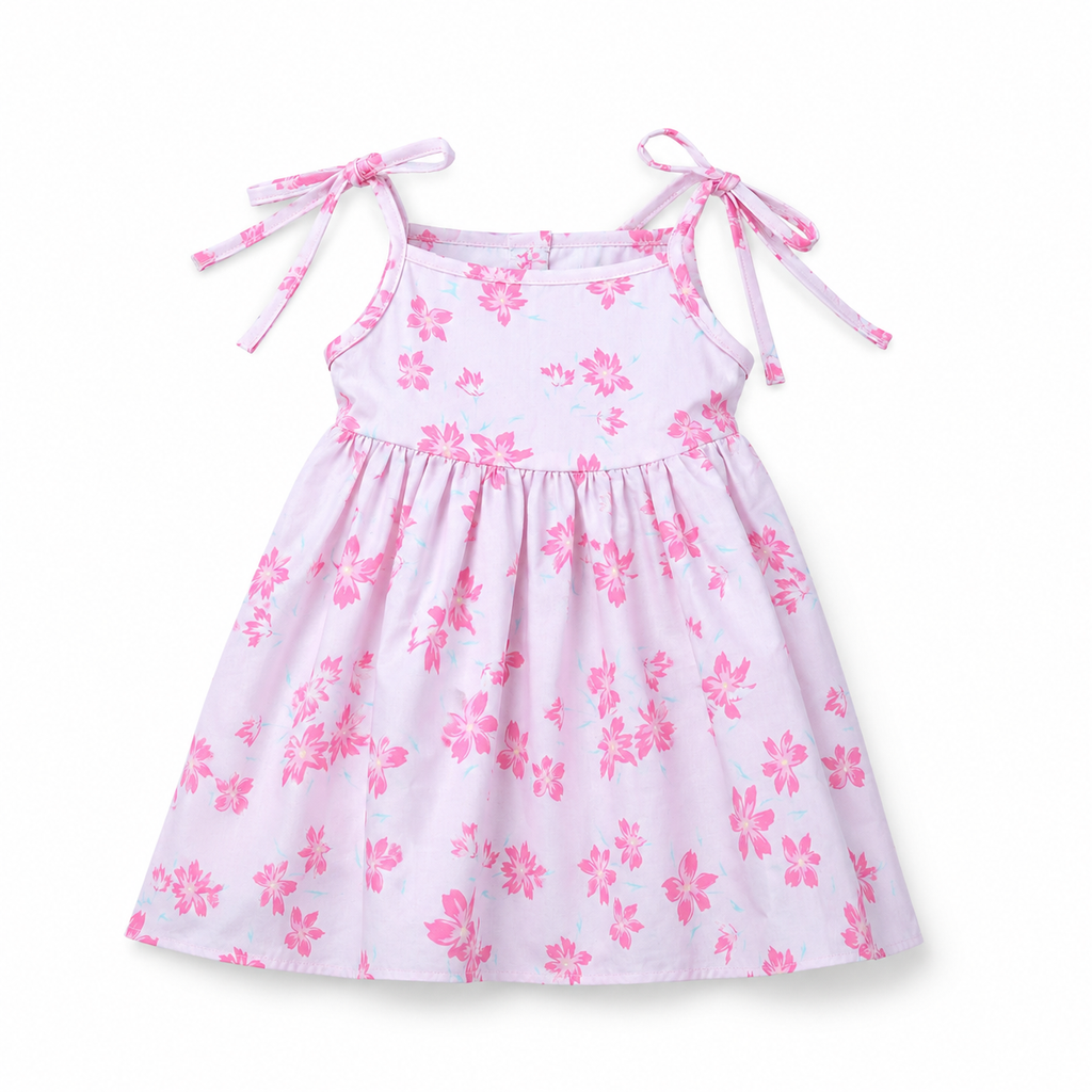 Flat lay of a light pink baby girl dress featuring a bright pink floral print and delicate tie-shoulder straps.