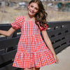 Pink & Red Checked Puff Sleeve Dress