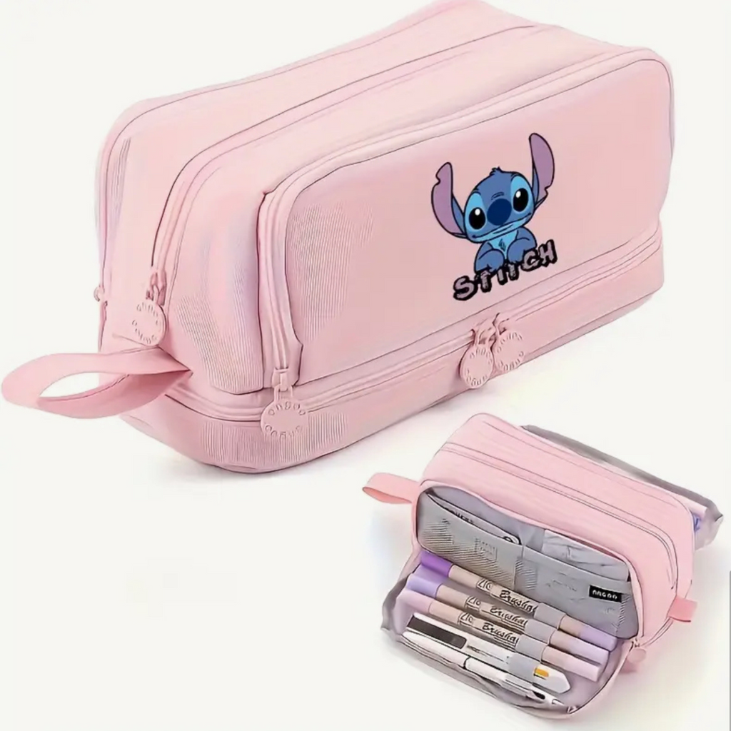 Pink pencil case with cartoon character and stationery items on a white background