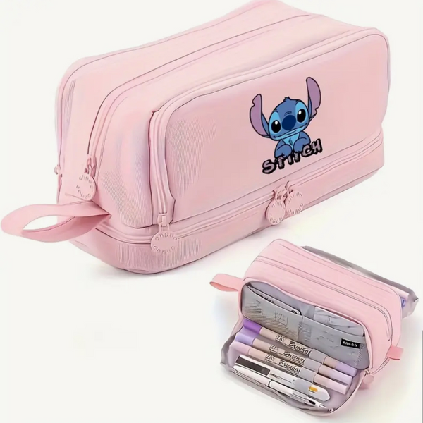 Pink pencil case with cartoon character and stationery items on a white background