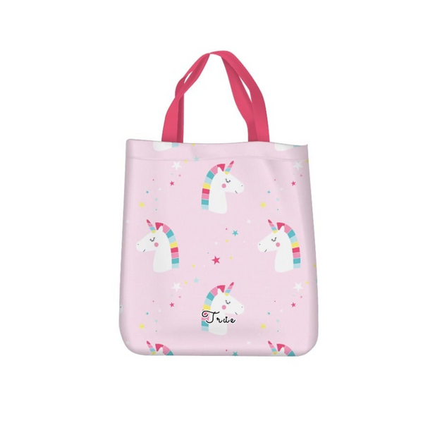 Pink tote bag with unicorn pattern on a white background