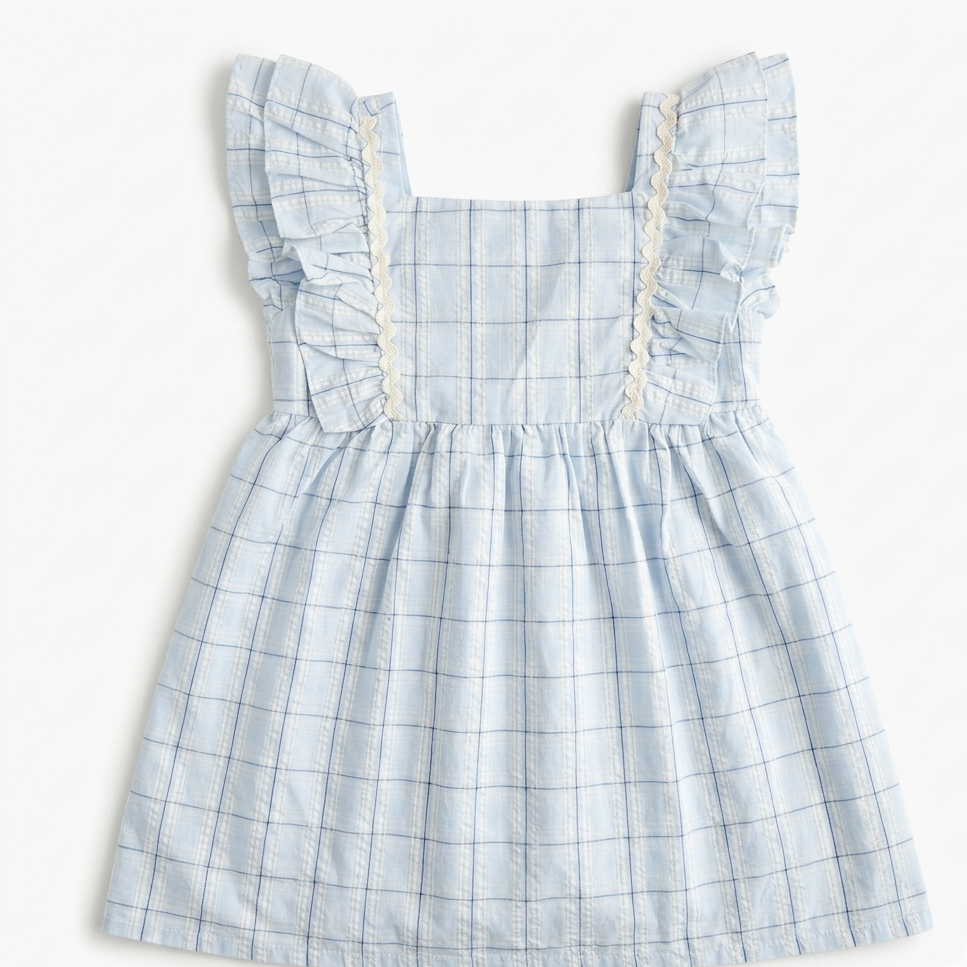 Light blue checkered dress with ruffled straps on a white background