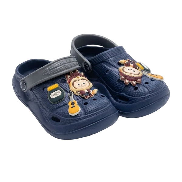 Navy blue clogs with gray straps and cartoon character charms on a white background