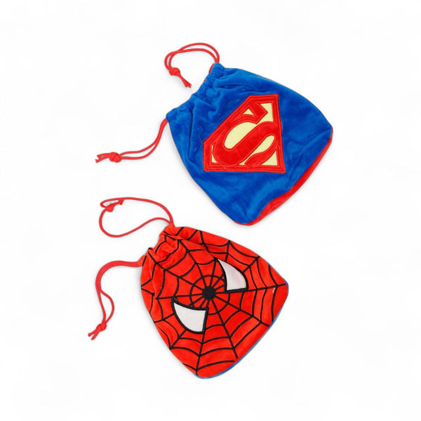 Two drawstring bags with Superman and Spider-Man logos on a white background
