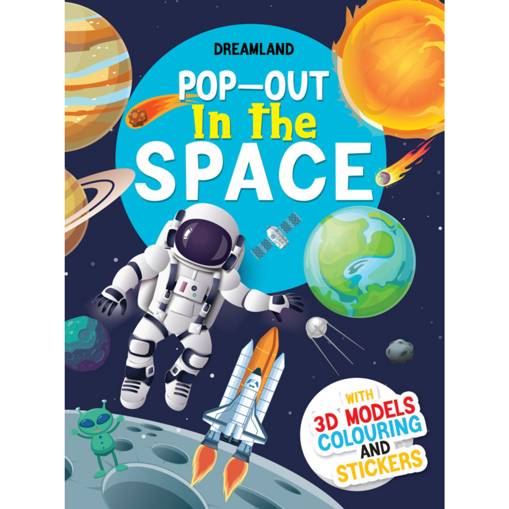 Book cover of 'Pop-Out in the Space' by Dreamland with space-themed illustrations.
