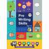 A colorful book cover for 'Prewriting Skills' book for toddlers, featuring various playful illustrations including a tree, flowers, a bee, and a train