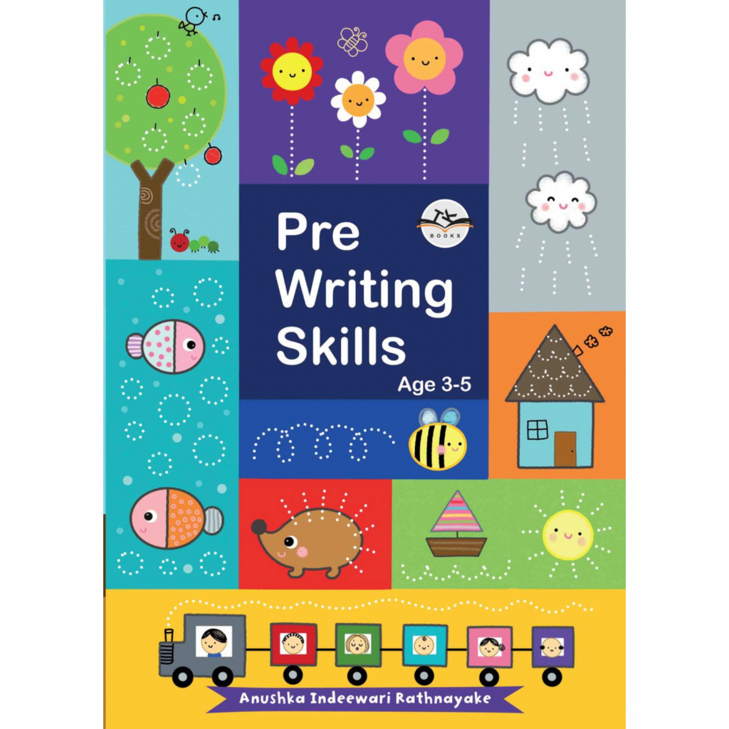 A colorful book cover for 'Prewriting Skills' book for toddlers, featuring various playful illustrations including a tree, flowers, a bee, and a train
