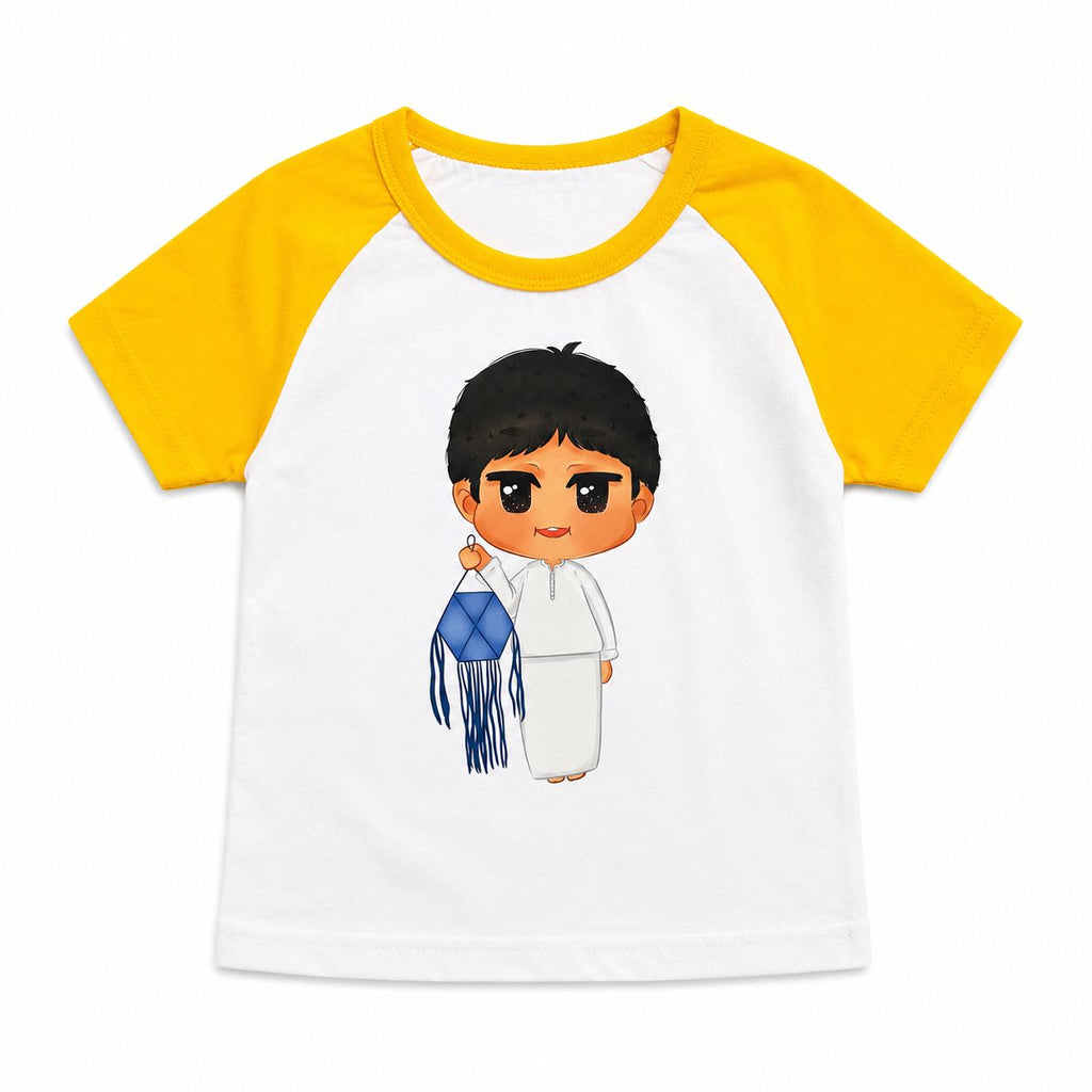 Children's t-shirt with a cartoon character holding a blue lantern on a white background