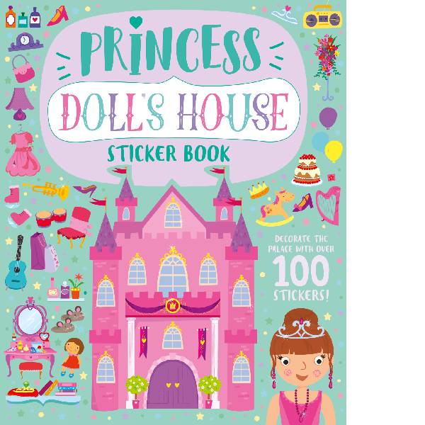 Cover of the 'Princess Doll House Sticker Book', featuring a colorful illustration of a castle, princess, and various stickers for decoration.