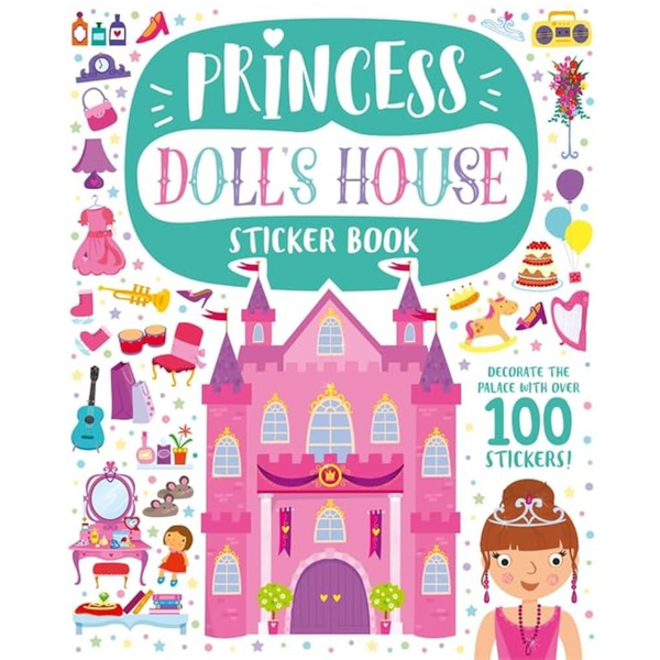 Cover of the 'Princess Doll's House Sticker Book', featuring a colorful illustration of a doll's house with stickers, and a character resembling a princess.