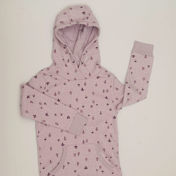 Pink hoodie with small patterns on a light gray background
