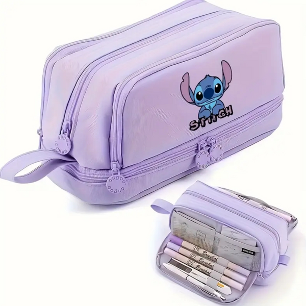 Purple pencil case with cartoon character and stationery items on a white background