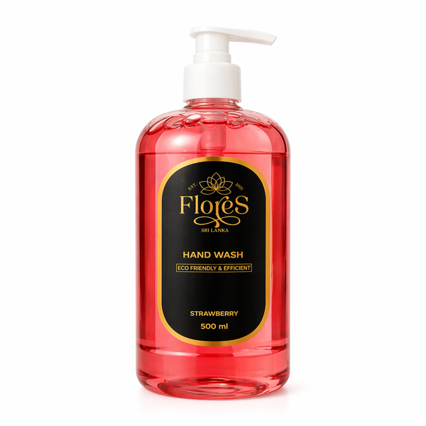 Red bottle of Flores strawberry hand wash on a white background