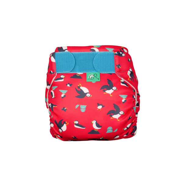 Red diaper with penguin pattern and blue accents 