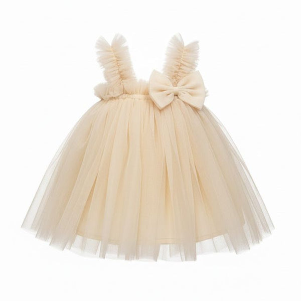 Beige tulle dress with bow details on a white background