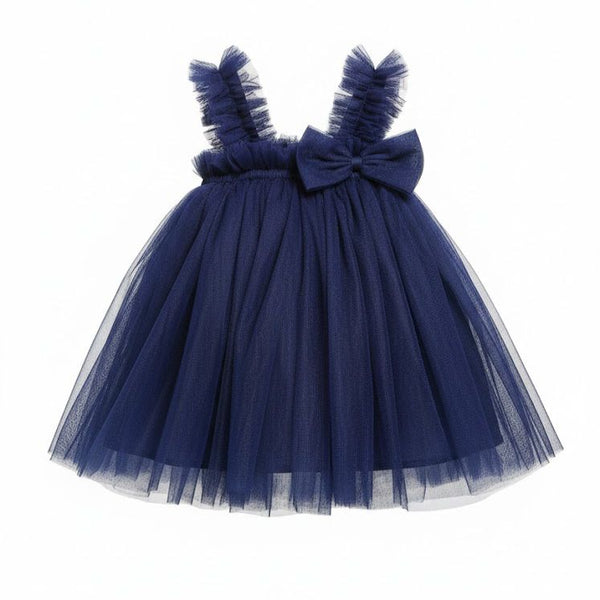 Girls Navy blue tulle dress with bow straps on a white background