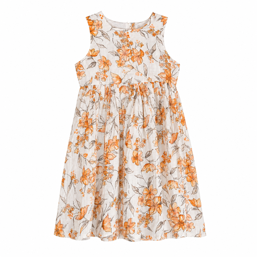 Floral dress with orange flowers on a white background