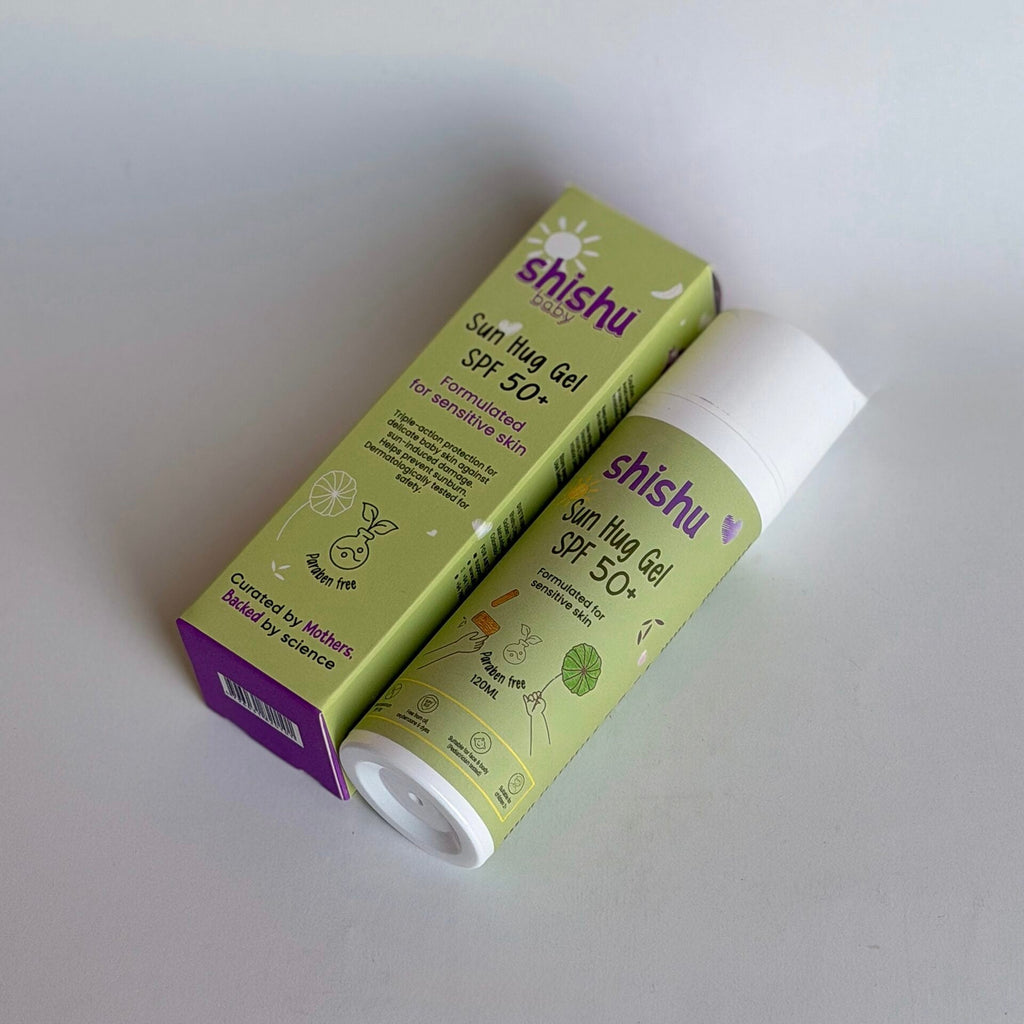 Shishu sun block gel with packaging on a white background