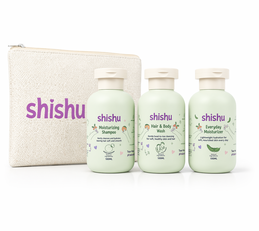 Shishu skincare product set with three bottles and a pouch on a white background
